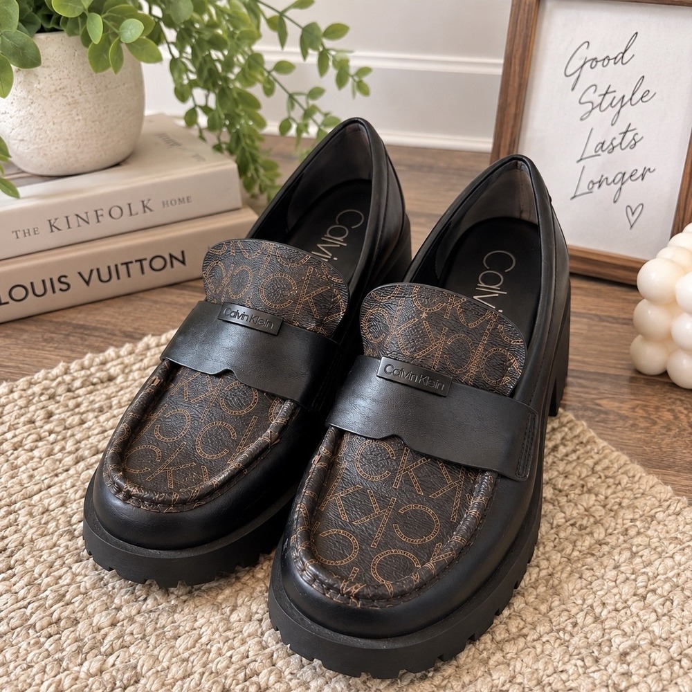 Calvin Klein Womens Black Monogram Lug Sole Platform Loafers Size 10